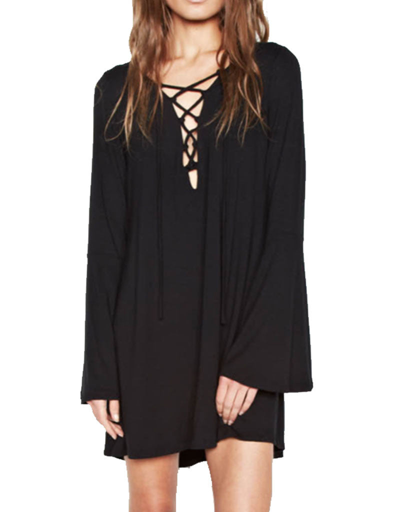 Michael Lauren Jimi Lace Up Bell Sleeve Dress in Black - SWANK - Dresses - 2