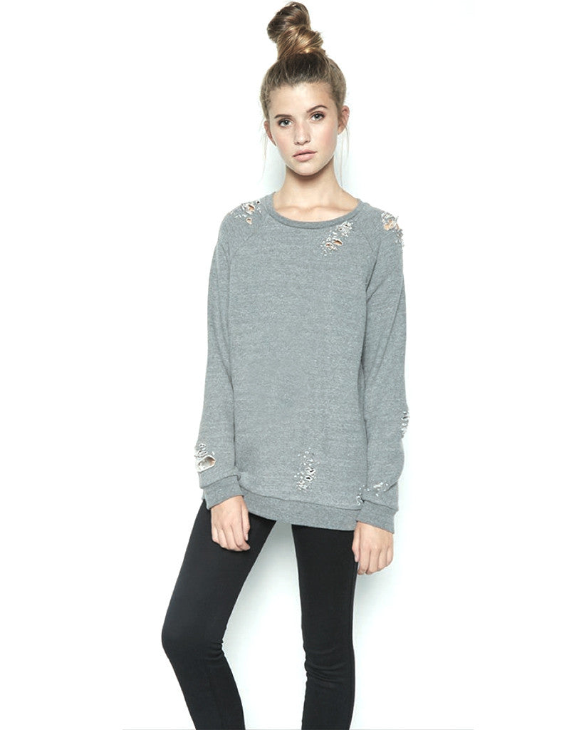 Michael Lauren Draco Oversized Distressed Pullover in Heather Grey - SWANK - Tops - 1