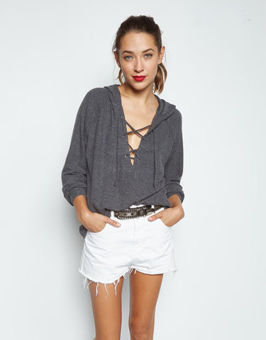Michael Lauren Carson Lace Up Hoodie in Charcoal Black