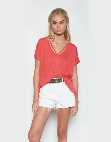 Michael Lauren Crew Oversized V-Neck Tee in Coral Red