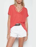 Michael Lauren Crew Oversized V-Neck Tee in Coral Red