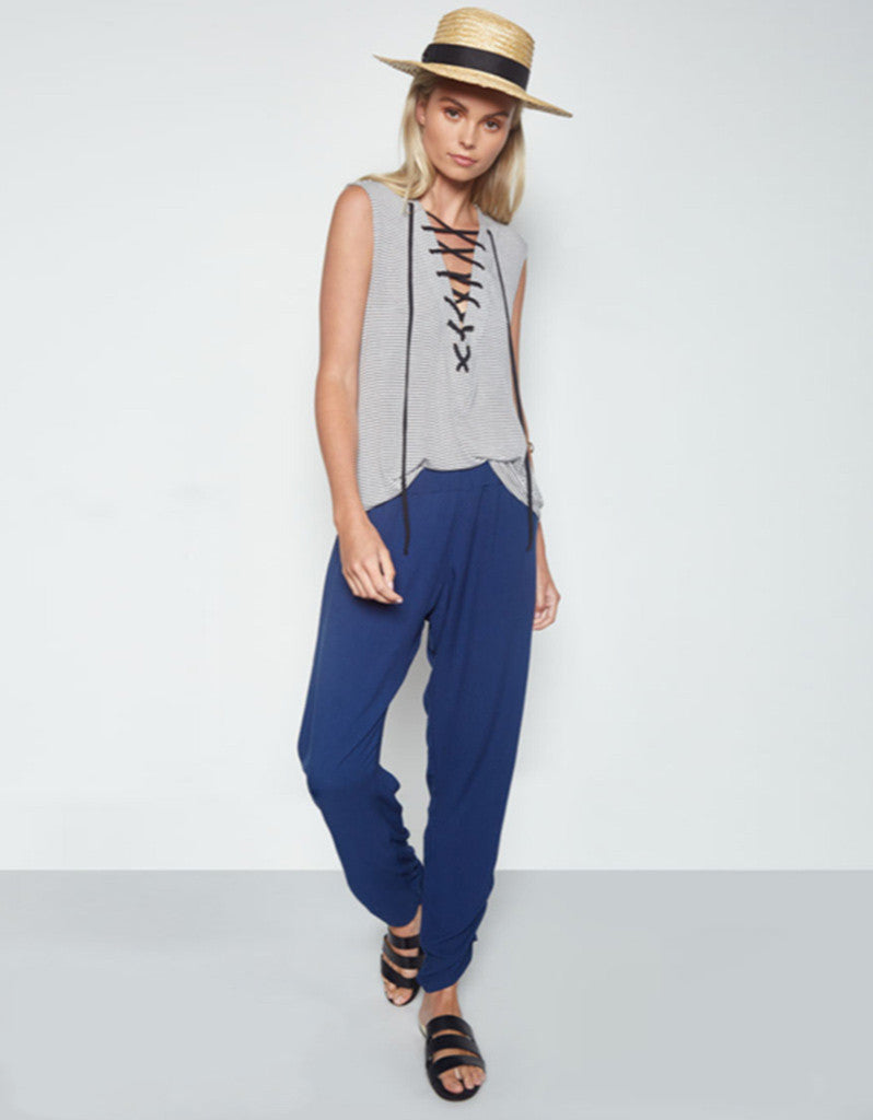 Michael Lauren Kylo Lace Up Front Tank in Charcoal Stripe