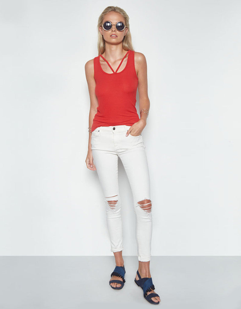 Michael Lauren Royce Cutout V-Neck Tank in Coral Red
