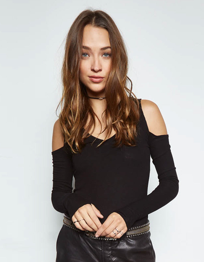 Michael Lauren Ramiro V-Neck Open Shoulder Top in Black - SWANK - Tops - 2