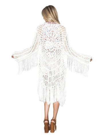 Show Me Your Mumu Crochet Fringe Kimono in Blonde