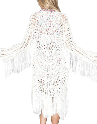 Show Me Your Mumu Crochet Fringe Kimono in Blonde