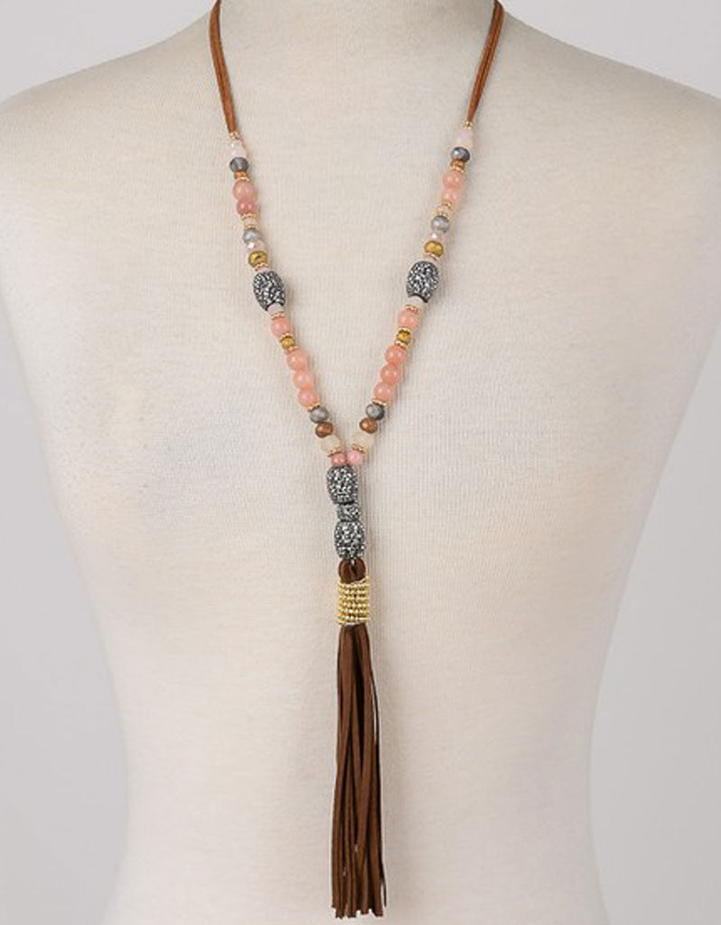 Paltrow Pave Beaded Fringe Tassel Necklace in Brown