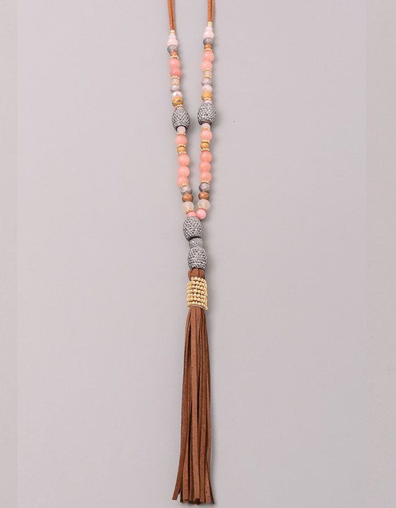 Paltrow Pave Beaded Fringe Tassel Necklace in Brown