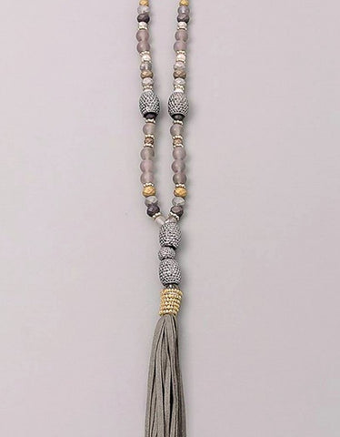 Paltrow Pave Beaded Fringe Tassel Necklace in Grey