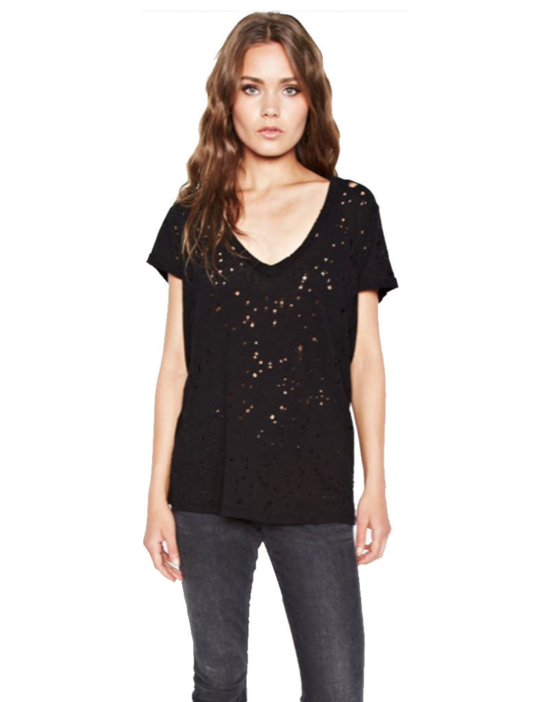 Michael Lauren Poet V-Neck Tee w/Holes in Black - SWANK - Tops - 1