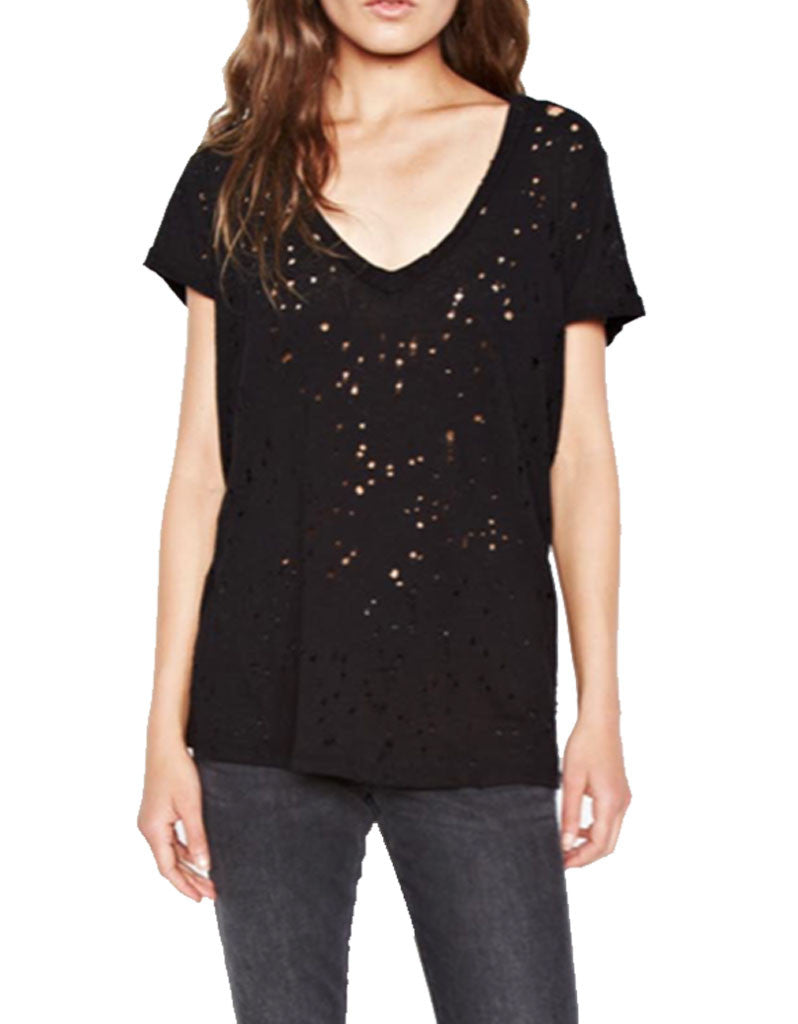 Michael Lauren Poet V-Neck Tee w/Holes in Black - SWANK - Tops - 2