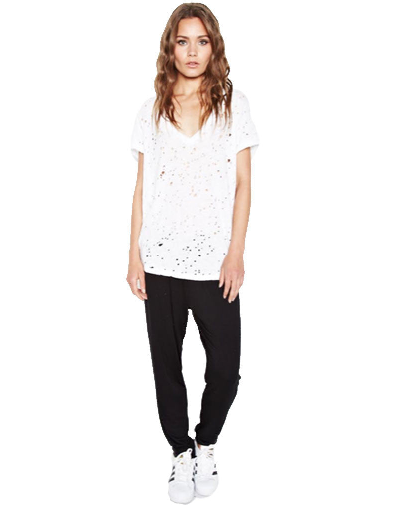 Michael Lauren Poet V-Neck Tee w/Holes in White - SWANK - Tops - 2