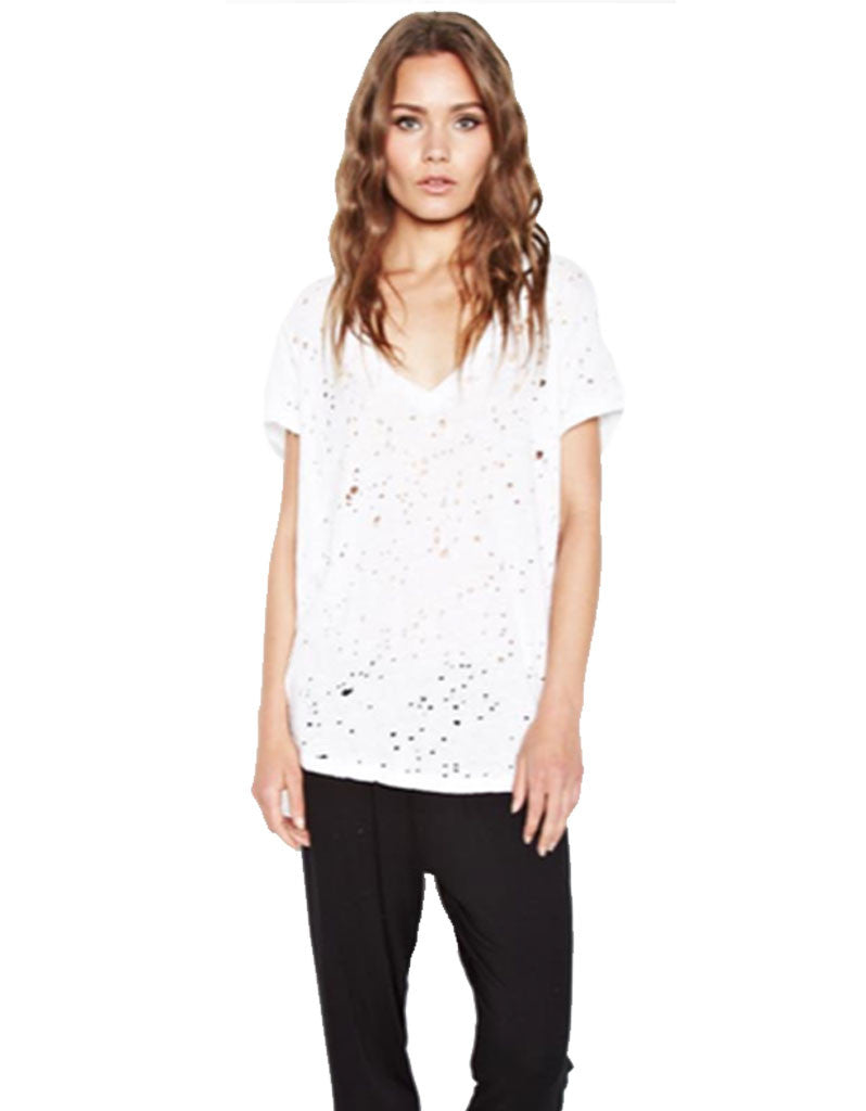 Michael Lauren Poet V-Neck Tee w/Holes in White - SWANK - Tops - 1