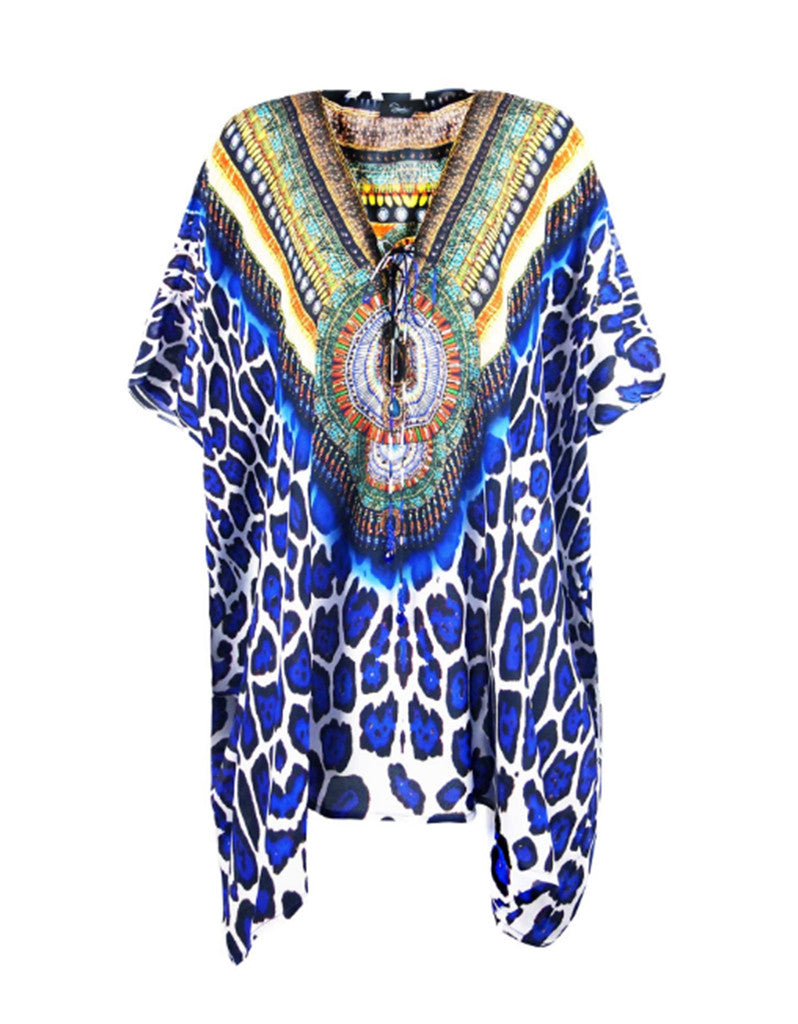 Shahida Parides Jaguar Lace Up Short Kaftan in Blue - SWANK - Dresses