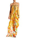 Shahida Parides California Poppy Creme Souffle 3 Way Style Long Lace-Up Kaftan