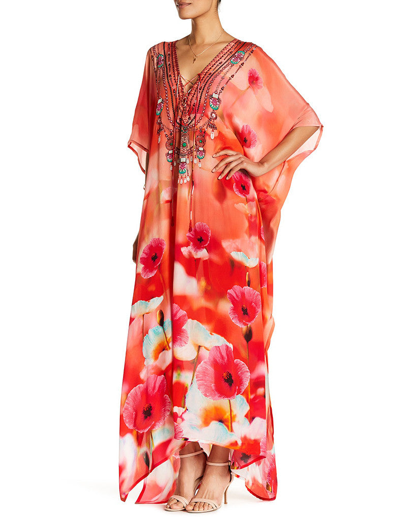 Shahida Parides California Poppy Georgia 3 Way Style Long Lace-Up Kaftan