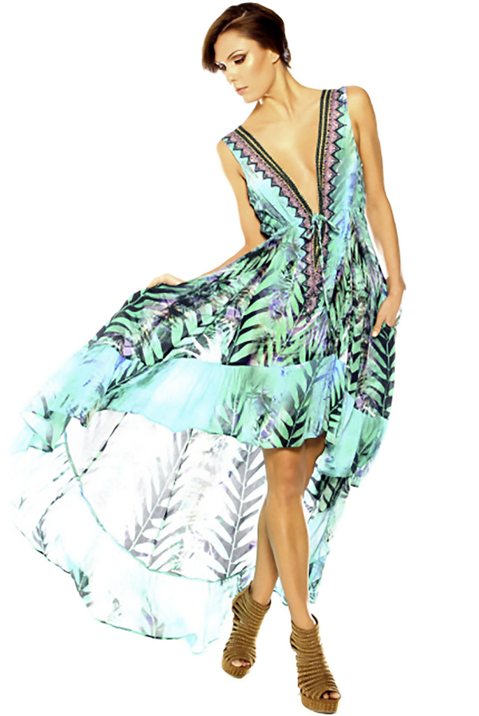 Shahida Parides Queen Palm High-Low Dress with Plunging V-Neck in Aqua - SWANK - Dresses - 2