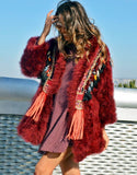 Fur Coat with Embellishment in Red - SWANK - Outerwear - 1