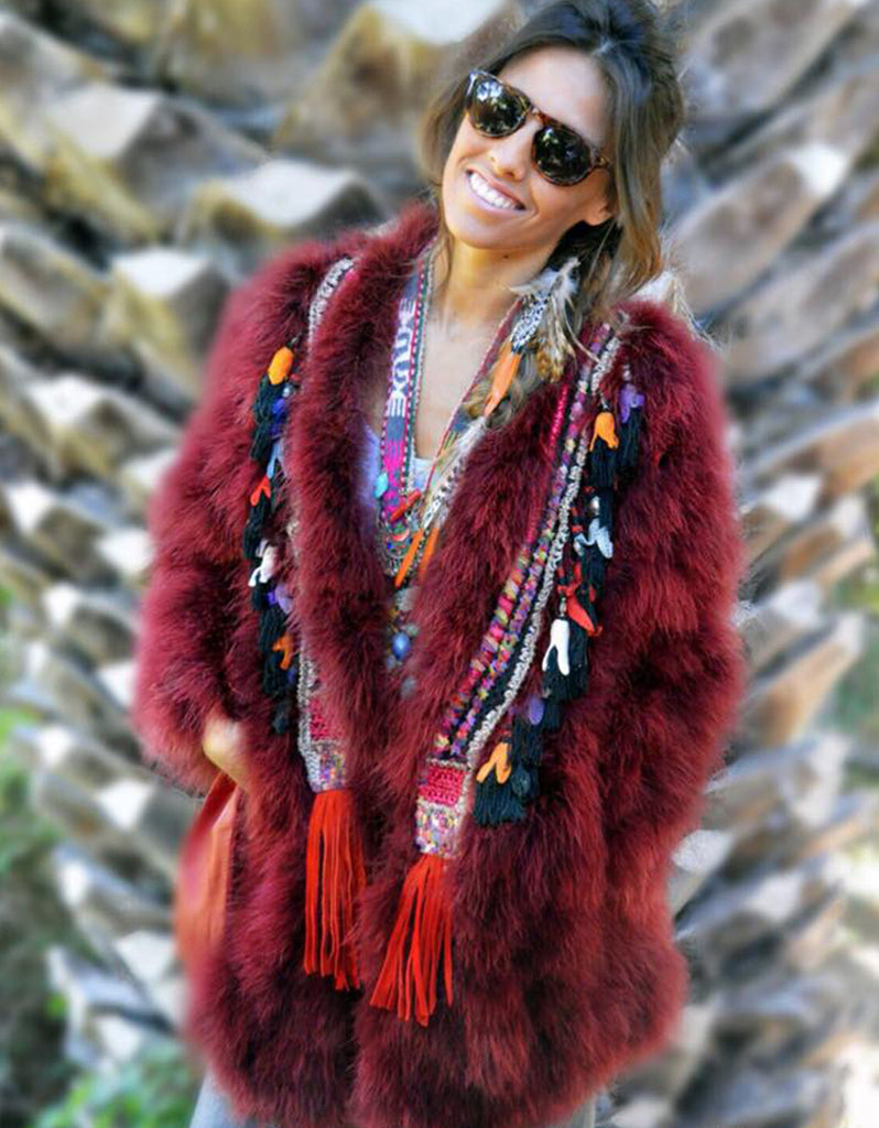 Fur Coat with Embellishment in Red - SWANK - Outerwear - 3