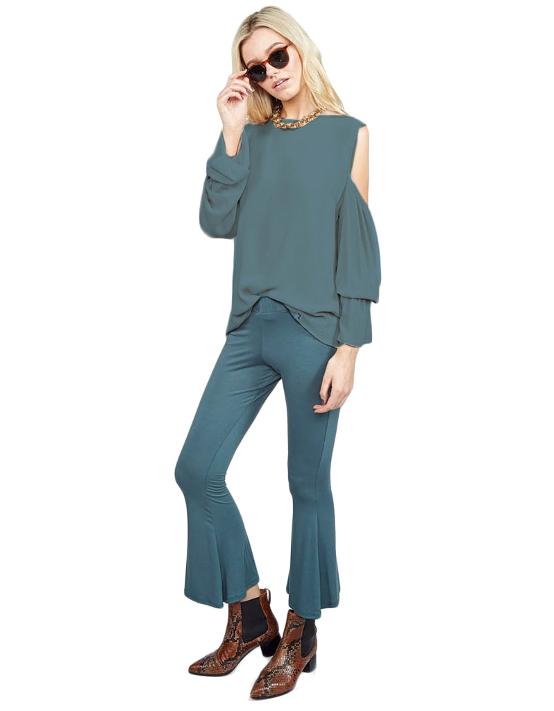 Michael Lauren Sam Open Shoulder Bell Sleeve Top in Admiral Green