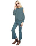 Michael Lauren Sam Open Shoulder Bell Sleeve Top in Admiral Green