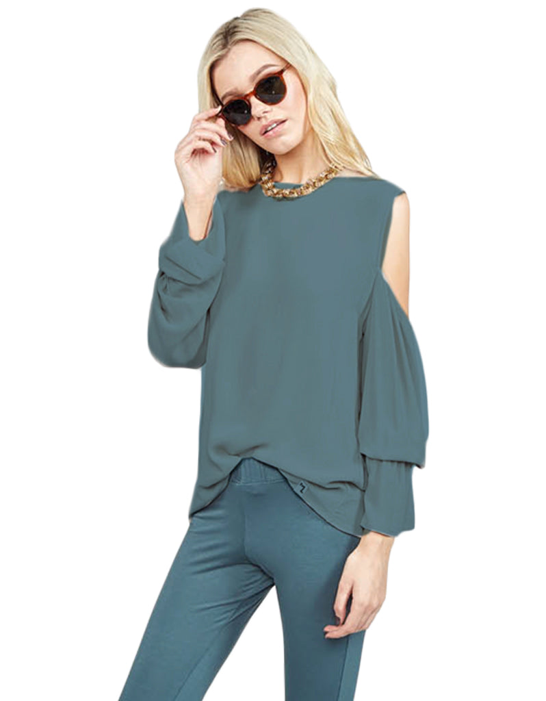 Michael Lauren Sam Open Shoulder Bell Sleeve Top in Admiral Green