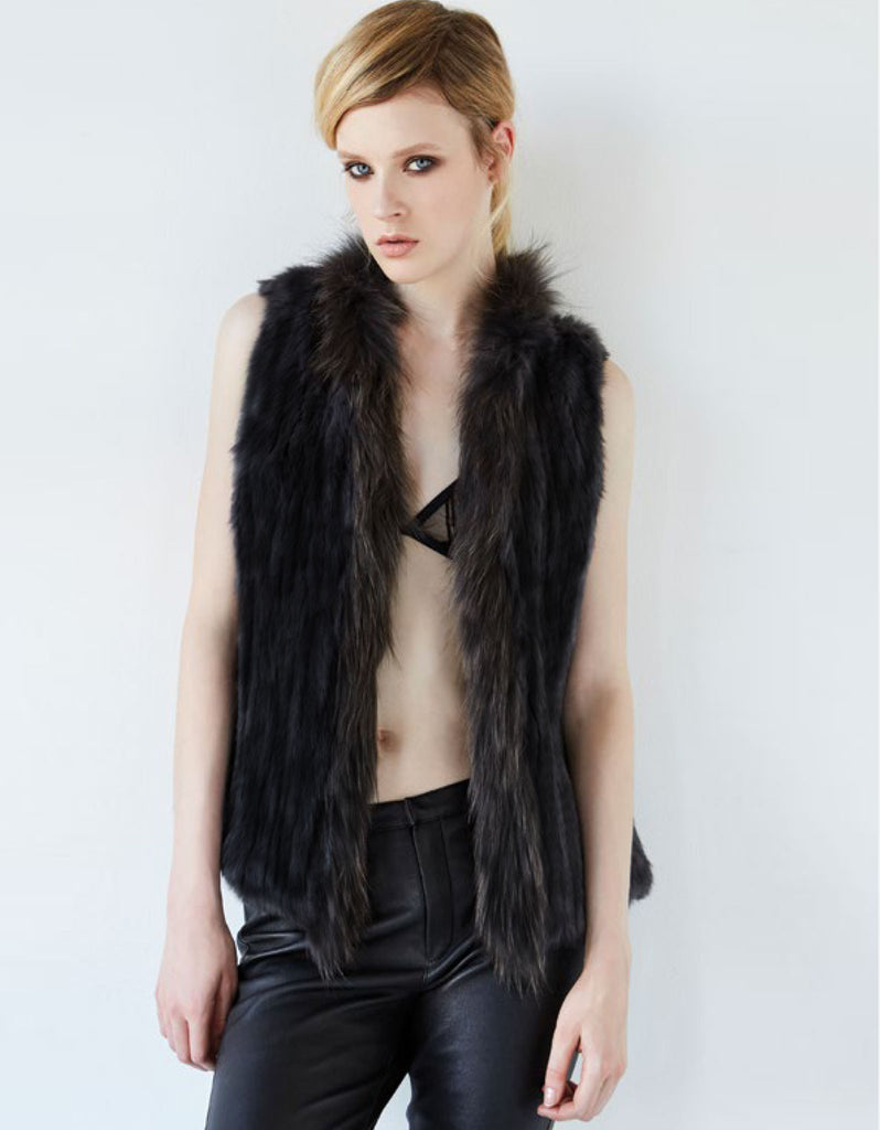 Arielle Short Collared Fur Vest in Black - SWANK - Vest - 1