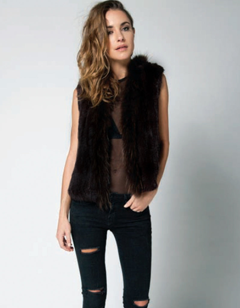 Arielle Short Collared Fur Vest in Black - SWANK - Vest - 2