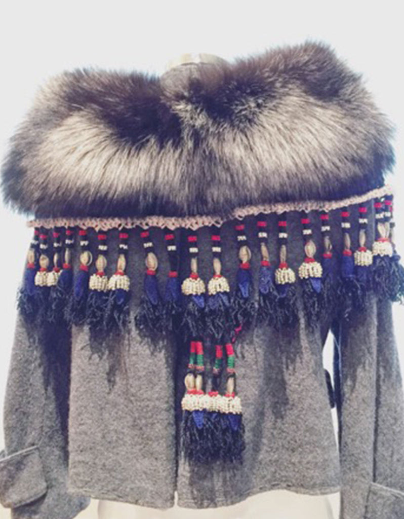 Fur Collar w/Tassels in Silver Fox - SWANK - Outerwear - 1