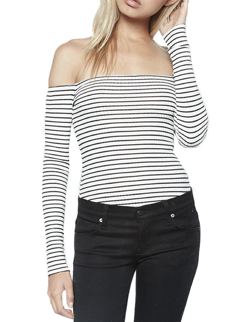 Michael Lauren Santorini Open Shoulder L/S Body Shaper Top in Creme Stripe - SWANK - Tops - 2