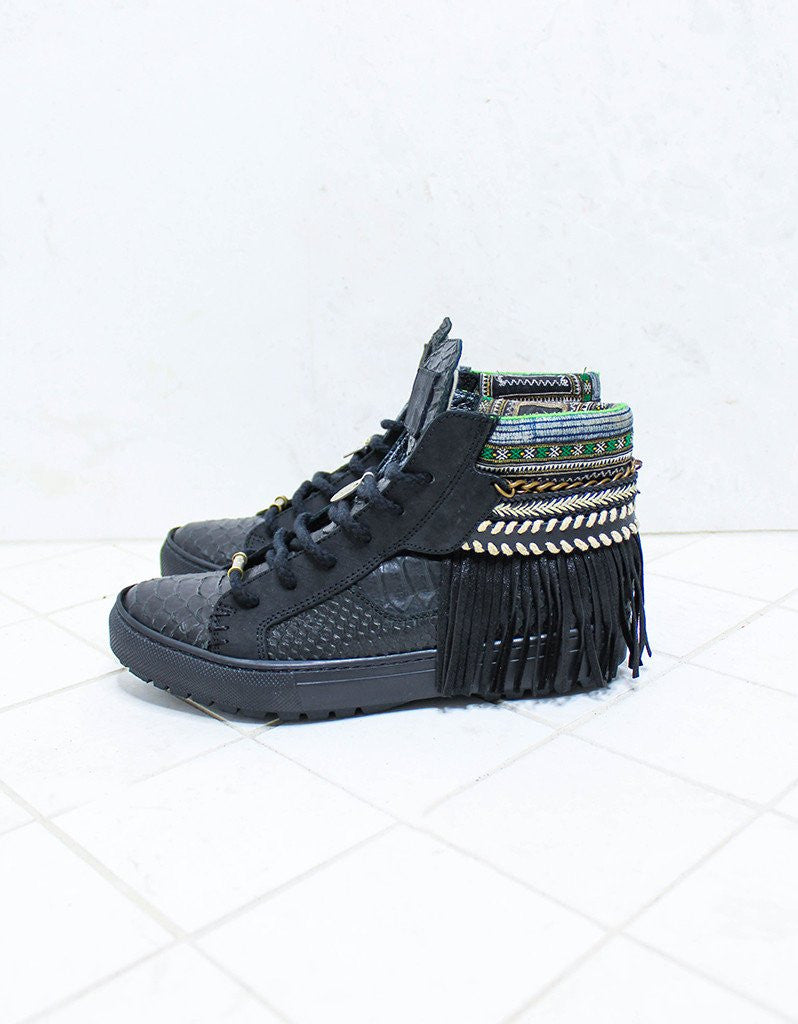 Boho Sneakers with Fringe in Black Snake