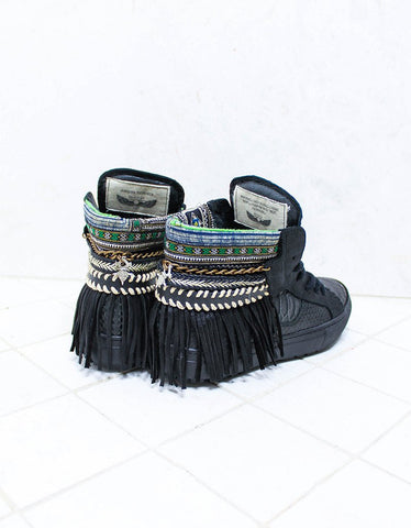 Boho Sneakers with Fringe in Black Snake