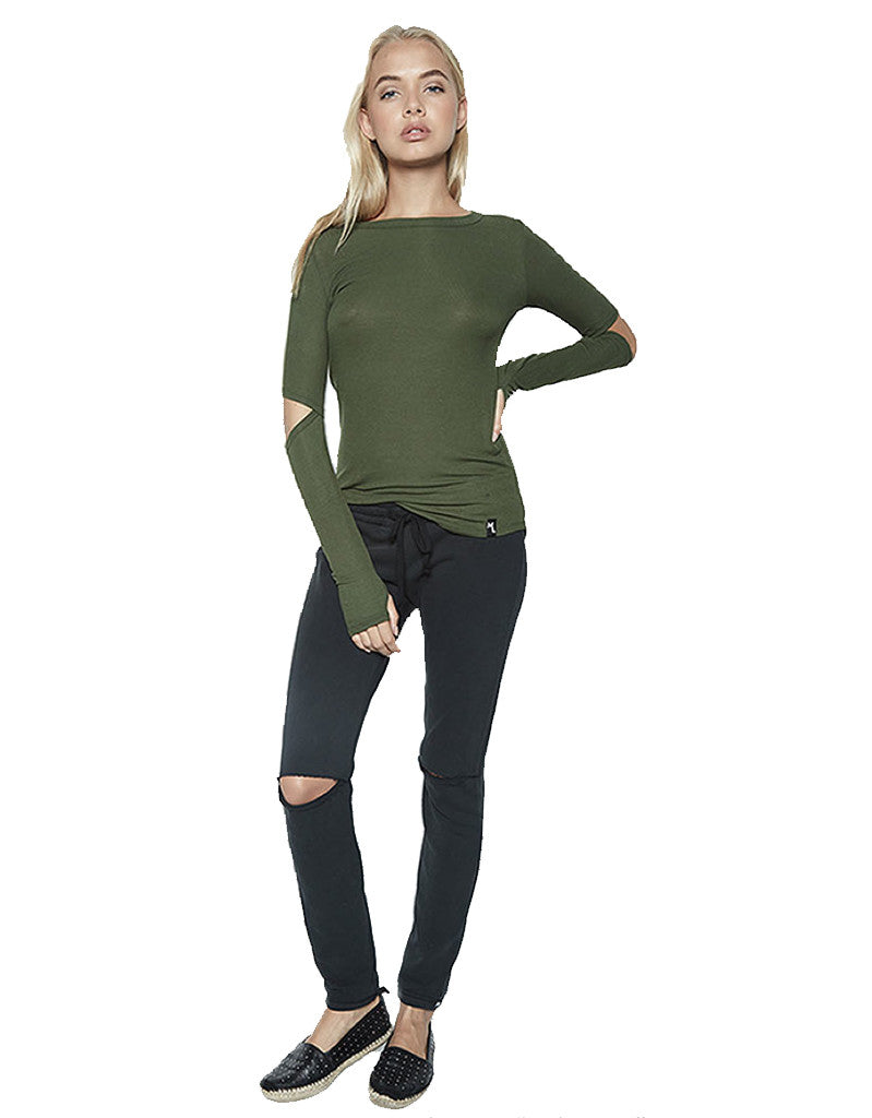 Michael Lauren Solomon L/S Fitted Top w/Elbow Slits in Military - SWANK - Tops - 1