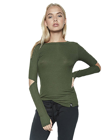 Michael Lauren Solomon L/S Fitted Top w/Elbow Slits in Military