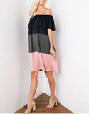 Off The Shoulder Color Block Dress in Charcoal/Olive/Pink