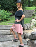 Off The Shoulder Color Block Dress in Charcoal/Olive/Pink