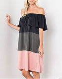 Off The Shoulder Color Block Dress in Charcoal/Olive/Pink