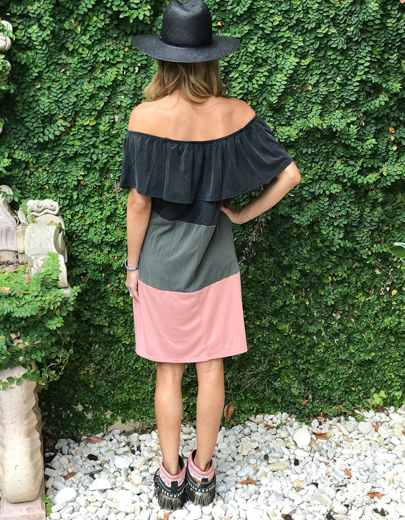 Off The Shoulder Color Block Dress in Charcoal/Olive/Pink