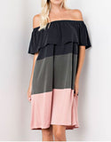 Off The Shoulder Color Block Dress in Charcoal/Olive/Pink