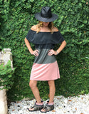 Off The Shoulder Color Block Dress in Charcoal/Olive/Pink