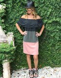 Off The Shoulder Color Block Dress in Charcoal/Olive/Pink