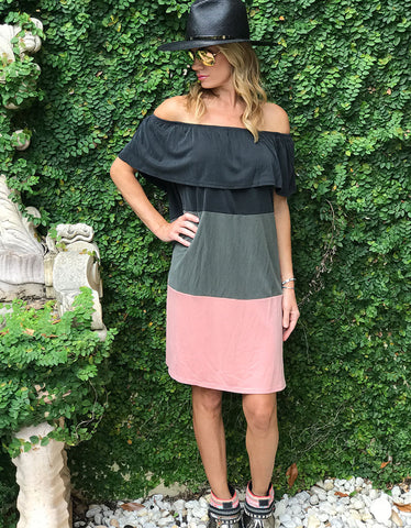 Off The Shoulder Color Block Dress in Charcoal/Olive/Pink