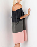 Off The Shoulder Color Block Dress in Charcoal/Olive/Pink