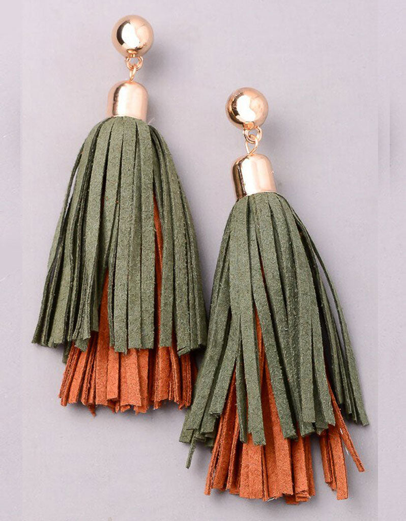 Vintage Snoot Dual Tassel Earrings in Olive