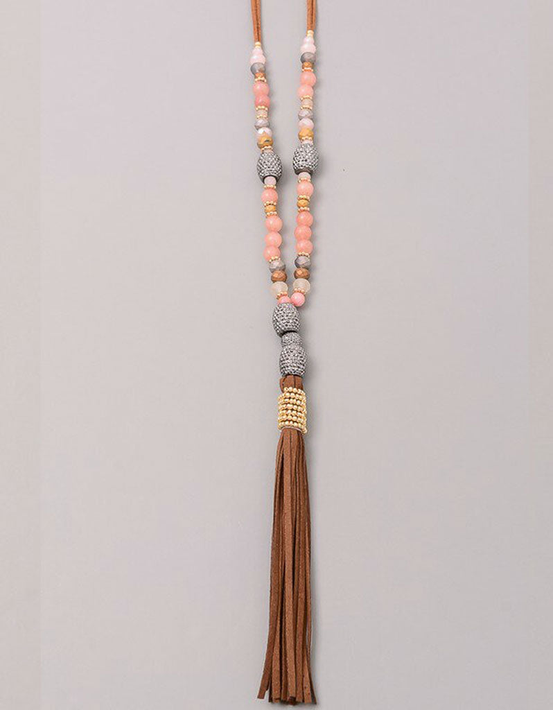 Paltrow Pave Beaded Fringe Tassel Necklace in Brown