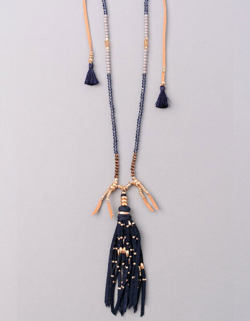 Vintage Snoot Samar Necklace with Studded Fringe in Navy