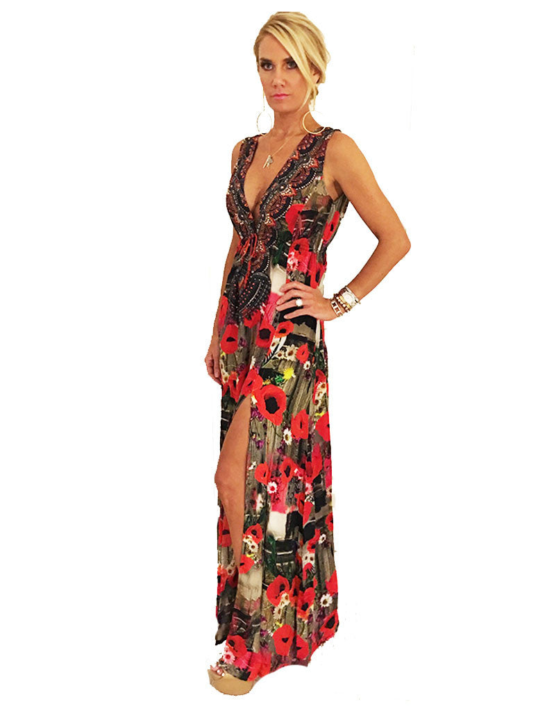 Parides V-Neck Embellished Dress in Melange Poppy - SWANK - Dresses - 2