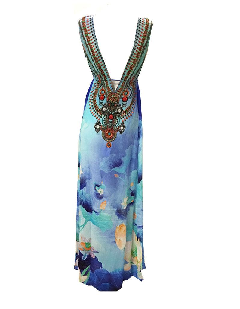 Shahida Parides V-Neck Embellished Long Dress in Azure - SWANK - Dresses - 1