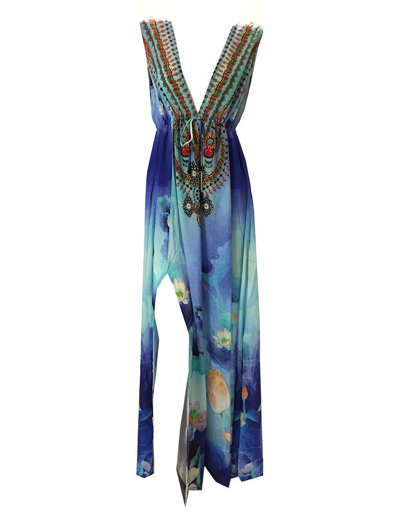 Shahida Parides V-Neck Embellished Long Dress in Azure - SWANK - Dresses - 2