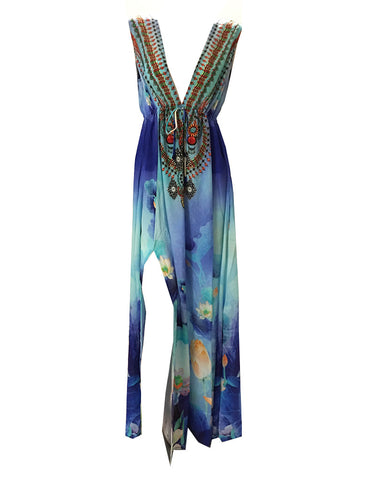 Shahida Parides V-Neck Embellished Long Dress in Azure